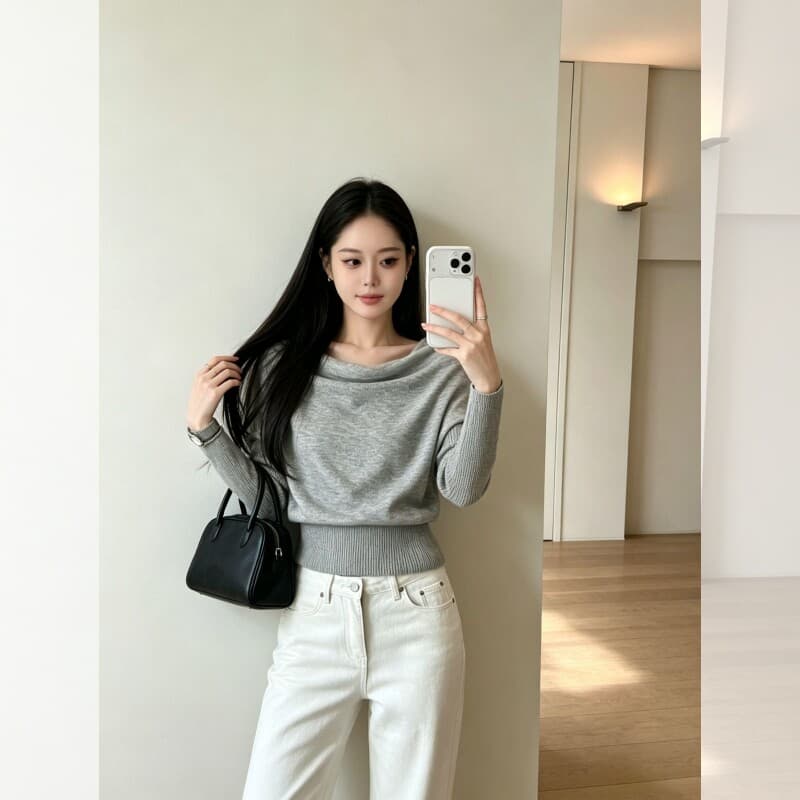 있음 도착 부드러운 지능 자매 오프숄더 비스듬한 어깨 흔들다 칼라 기타 착용 법 풀오버 느긋한 슬림해 보이는 니트 스웨터 상세 이미지 3