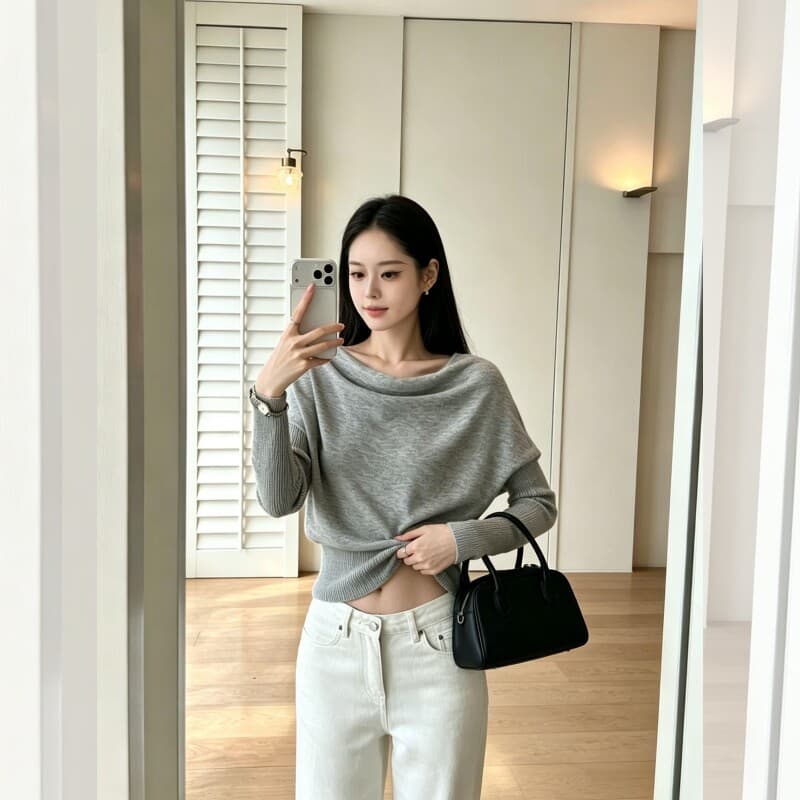 있음 도착 부드러운 지능 자매 오프숄더 비스듬한 어깨 흔들다 칼라 기타 착용 법 풀오버 느긋한 슬림해 보이는 니트 스웨터 상세 이미지 4