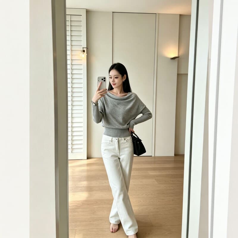 있음 도착 부드러운 지능 자매 오프숄더 비스듬한 어깨 흔들다 칼라 기타 착용 법 풀오버 느긋한 슬림해 보이는 니트 스웨터 상세 이미지 5