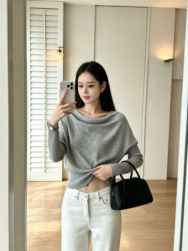 있음 도착 부드러운 지능 자매 오프숄더 비스듬한 어깨 흔들다 칼라 기타 착용 법 풀오버 느긋한 슬림해 보이는 니트 스웨터 상세 이미지 6