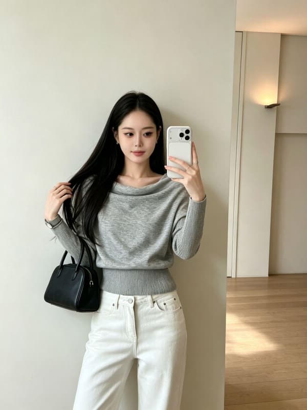 있음 도착 부드러운 지능 자매 오프숄더 비스듬한 어깨 흔들다 칼라 기타 착용 법 풀오버 느긋한 슬림해 보이는 니트 스웨터 상세 이미지 8