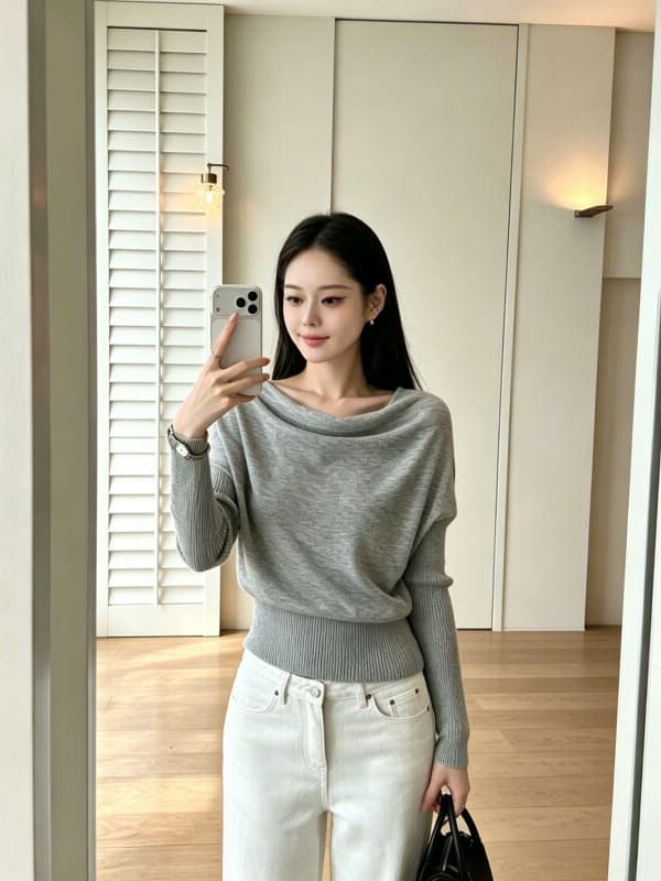 있음 도착 부드러운 지능 자매 오프숄더 비스듬한 어깨 흔들다 칼라 기타 착용 법 풀오버 느긋한 슬림해 보이는 니트 스웨터 상세 이미지 9