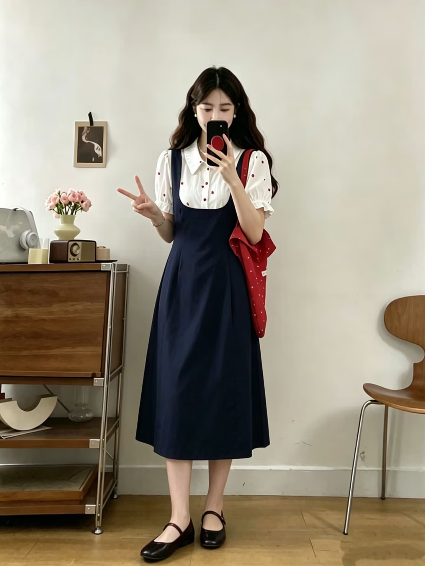 실사 빅 사이즈 2026 여름 새로운 프랑스식 셔츠 칼라 자수 패치워크 연령 감소 한 마디 페이크 레이어드 드레스 상세 이미지 5