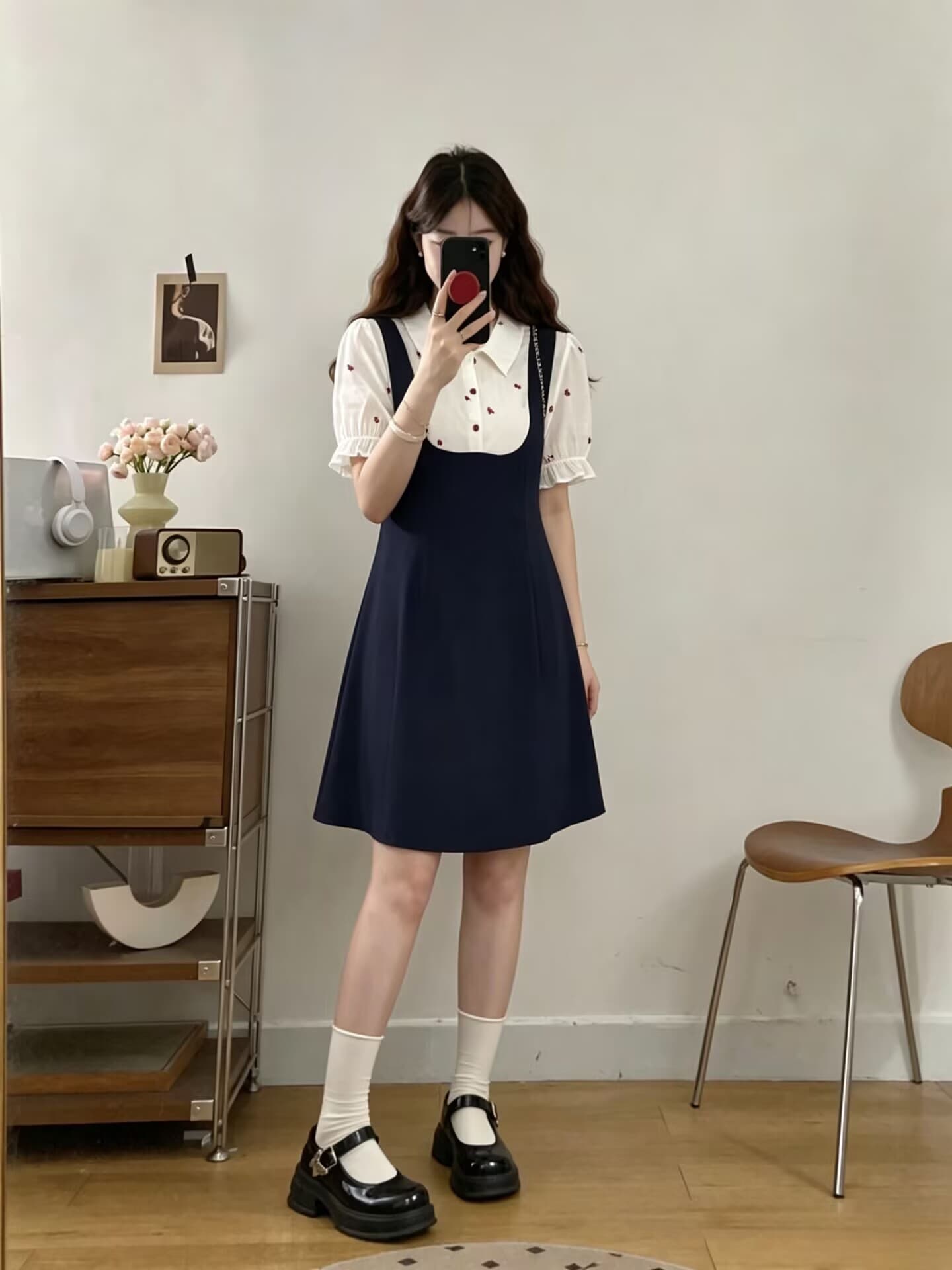 실사 빅 사이즈 2026 여름 새로운 프랑스식 셔츠 칼라 자수 패치워크 연령 감소 한 마디 페이크 레이어드 드레스 상세 이미지 11
