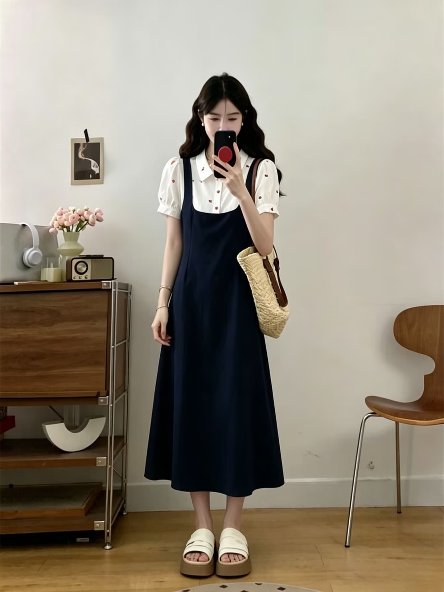 실사 빅 사이즈 2026 여름 새로운 프랑스식 셔츠 칼라 자수 패치워크 연령 감소 한 마디 페이크 레이어드 드레스 이미지 4