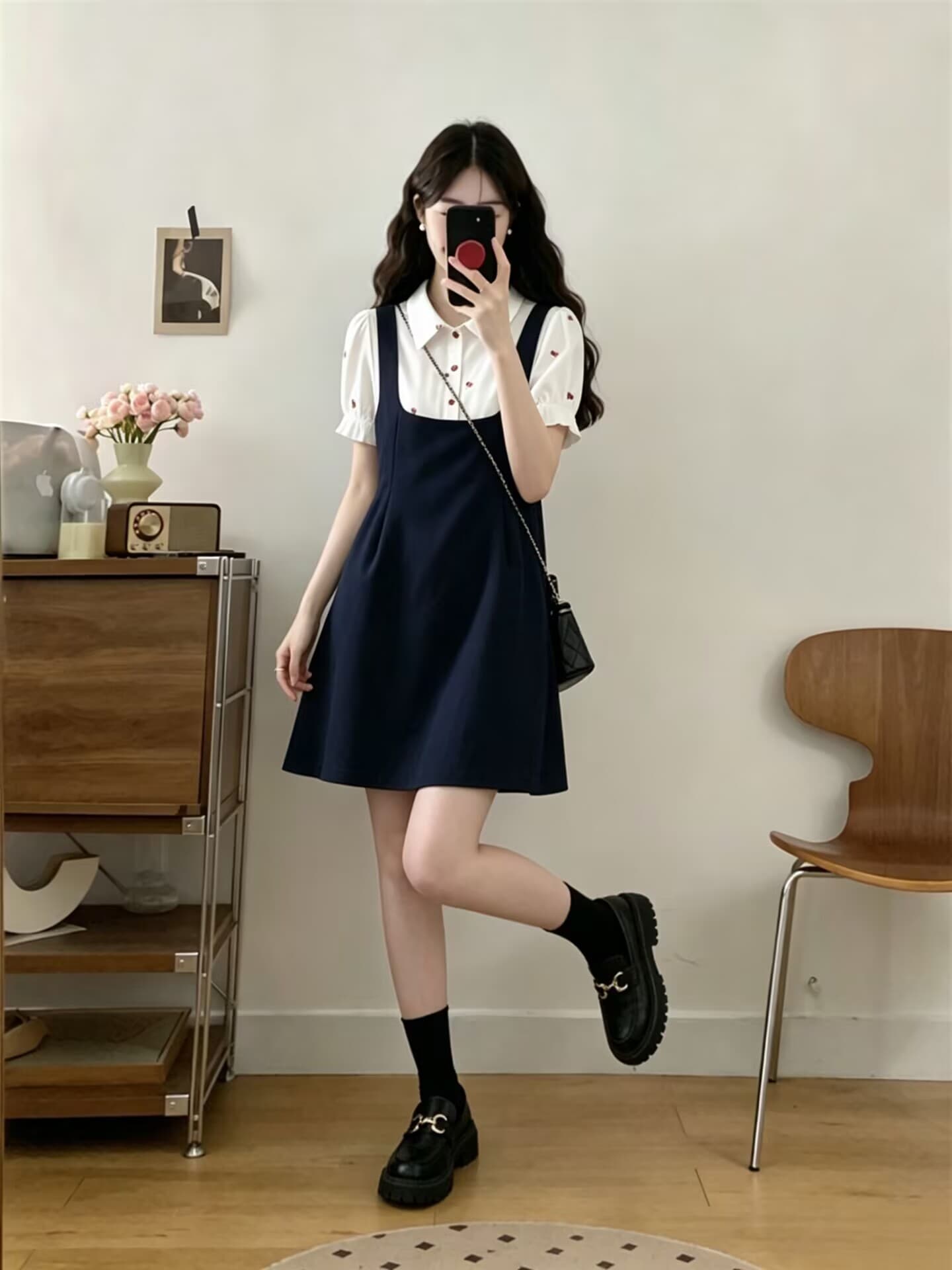 실사 빅 사이즈 2026 여름 새로운 프랑스식 셔츠 칼라 자수 패치워크 연령 감소 한 마디 페이크 레이어드 드레스 상세 이미지 4