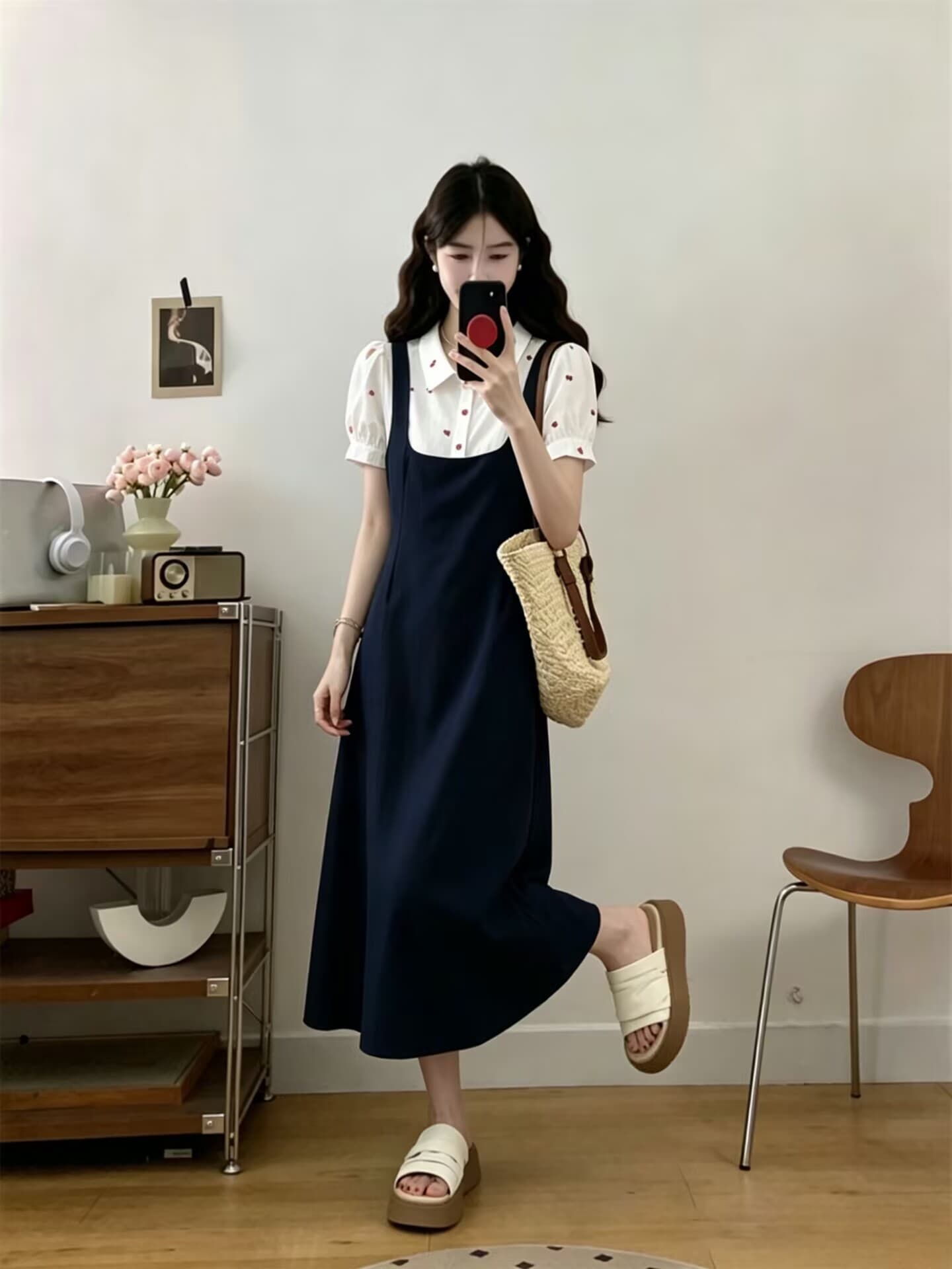 실사 빅 사이즈 2026 여름 새로운 프랑스식 셔츠 칼라 자수 패치워크 연령 감소 한 마디 페이크 레이어드 드레스 상세 이미지 6