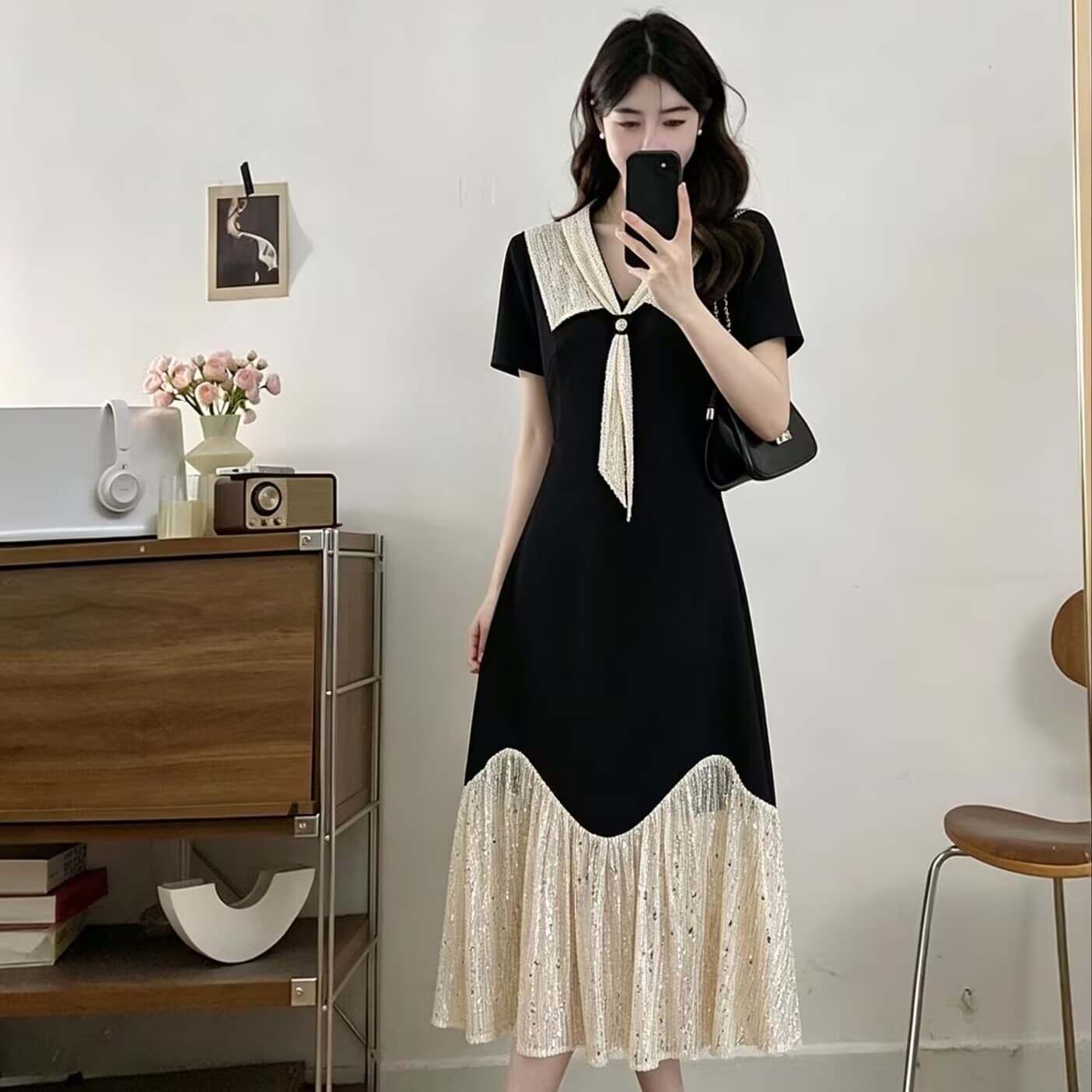 실사 빅 사이즈 여성 의류 2026 새로운 여름 프랑스식 레트로 그는 벤 바람 배색 패치워크 슬림해 보이는 품격 드레스 이미지 5