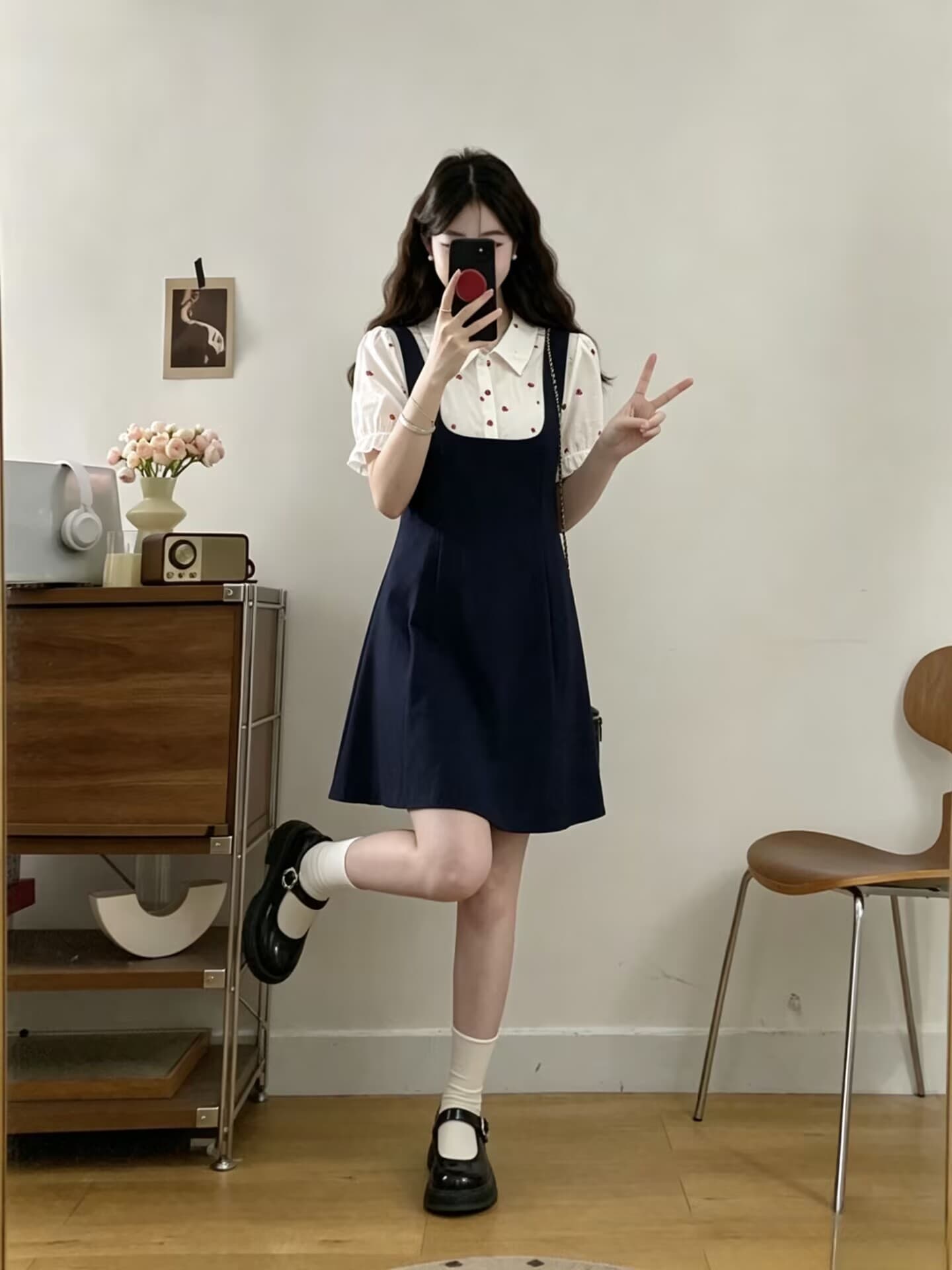 실사 빅 사이즈 2026 여름 새로운 프랑스식 셔츠 칼라 자수 패치워크 연령 감소 한 마디 페이크 레이어드 드레스 상세 이미지 6