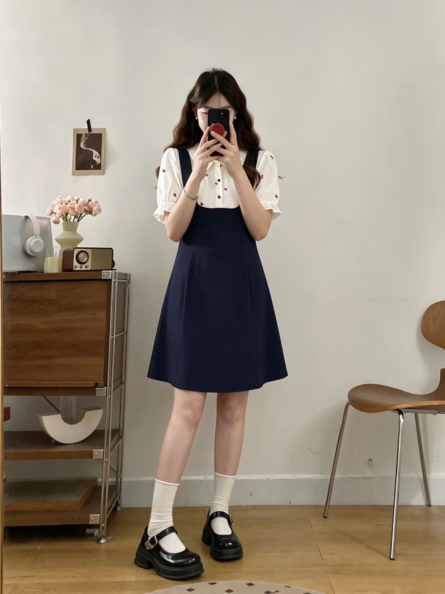 실사 빅 사이즈 2026 여름 새로운 프랑스식 셔츠 칼라 자수 패치워크 연령 감소 한 마디 페이크 레이어드 드레스 상세 이미지 7