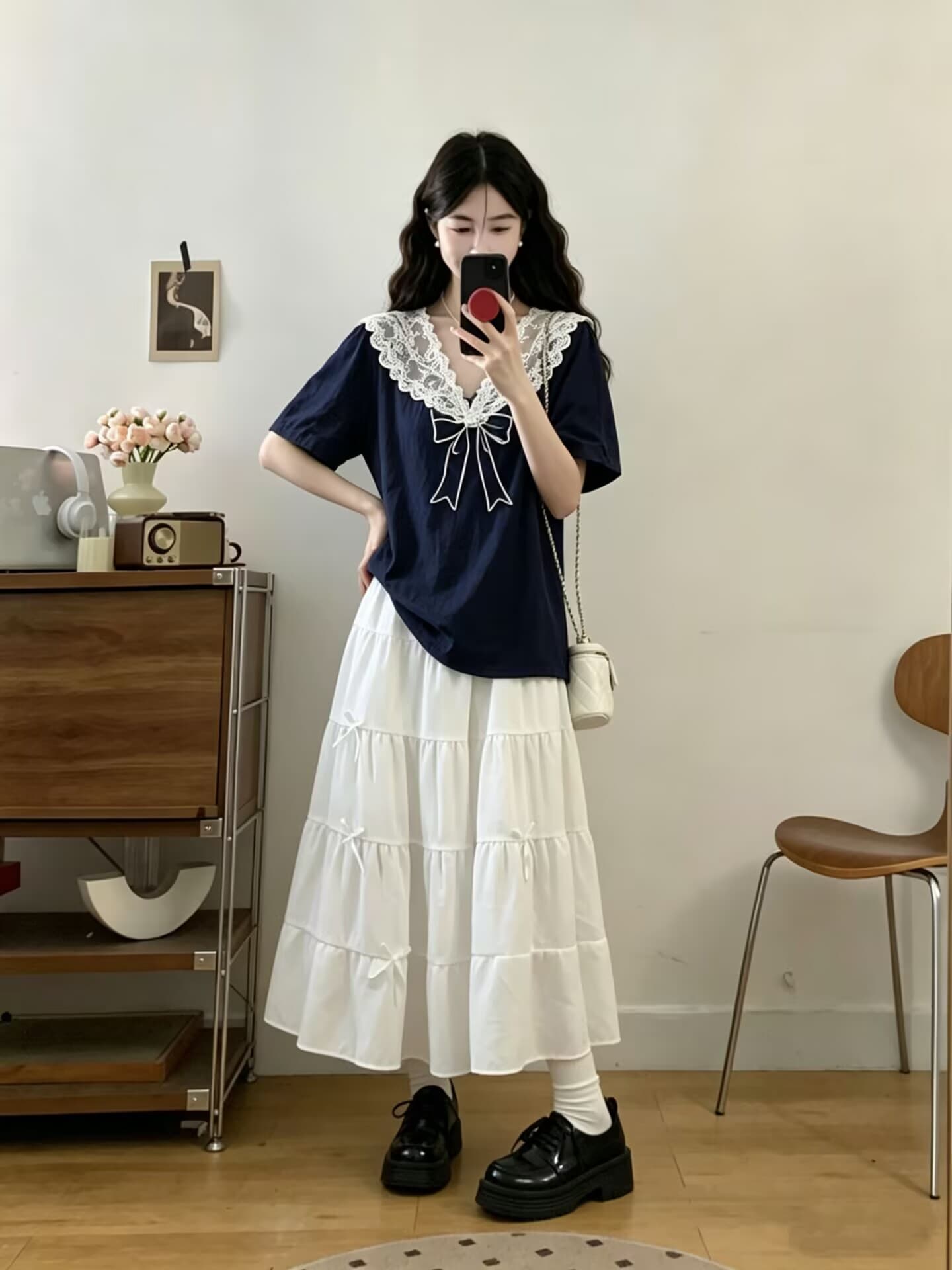 실사 빅 사이즈 여성 의류 2026 여름 새로운 한 부서 부드러운 바람 레이스 칼라 맨위 케이크 롱 스커트 투피스 세트 이미지 4