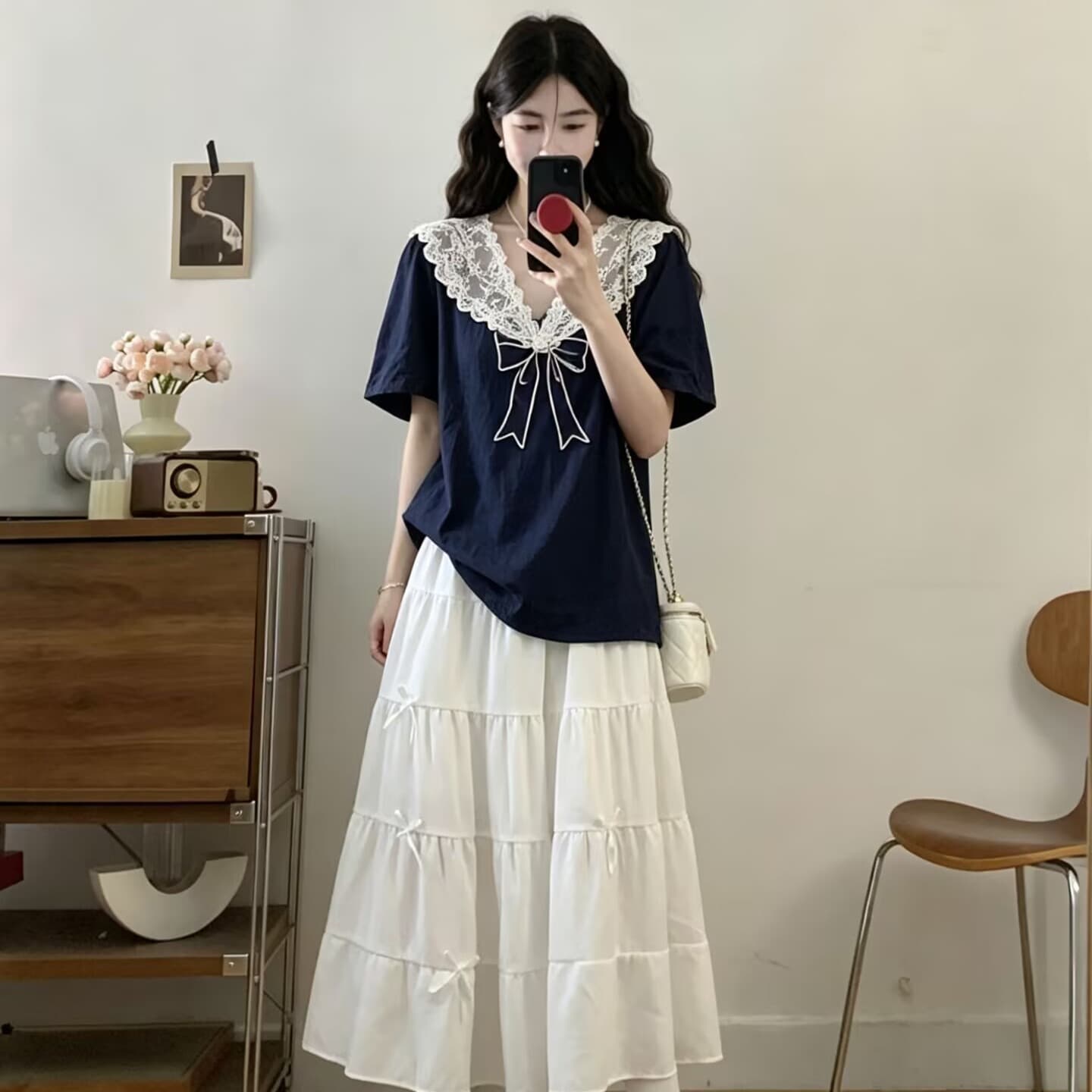 실사 빅 사이즈 여성 의류 2026 여름 새로운 한 부서 부드러운 바람 레이스 칼라 맨위 케이크 롱 스커트 투피스 세트 이미지 5