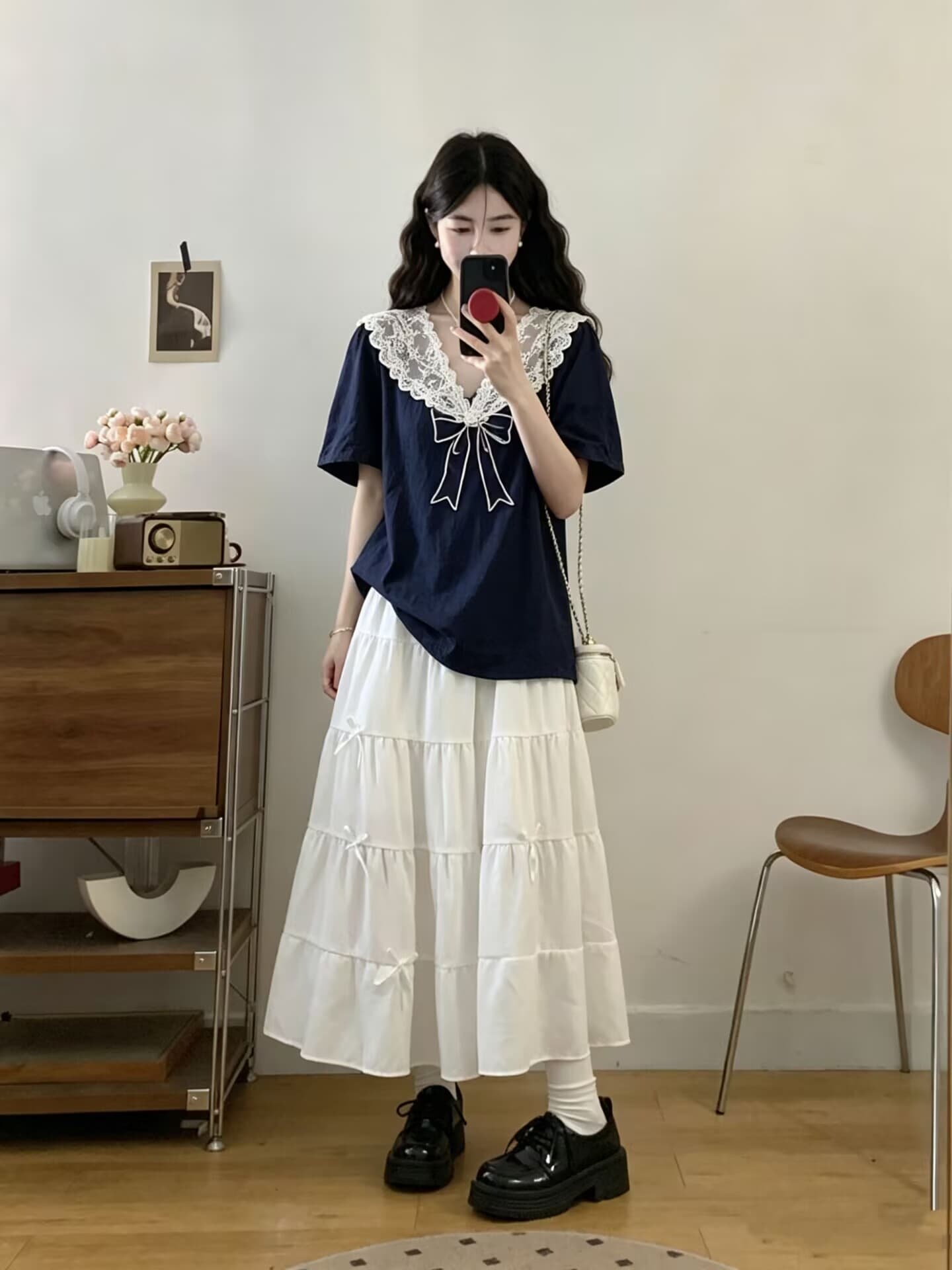 실사 빅 사이즈 여성 의류 2026 여름 새로운 한 부서 부드러운 바람 레이스 칼라 맨위 케이크 롱 스커트 투피스 세트 상세 이미지 8