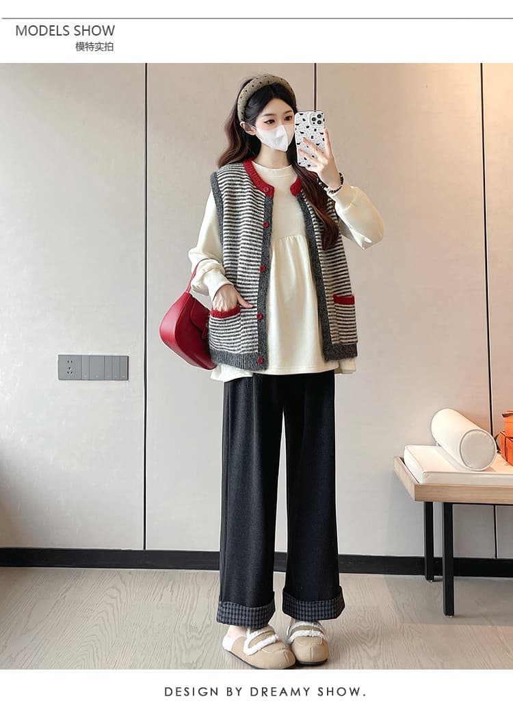 지금 임산부 2025 가을 겨울 레트로 한국 스타일 웨이 의류 스웨터 오픈 가디건 베스트 조끼 캐주얼 뒤집다 측면 바지 상세 이미지 11