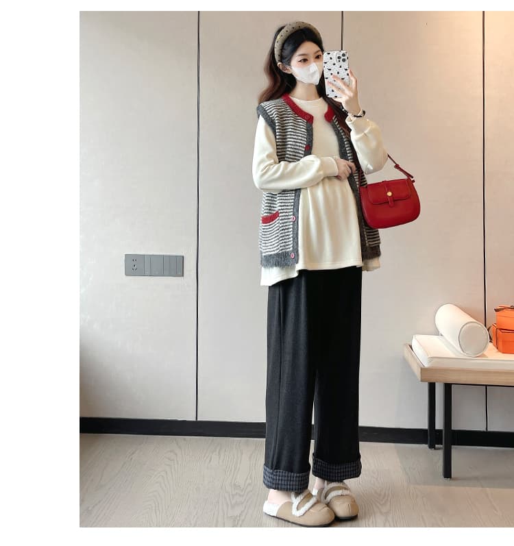 지금 임산부 2025 가을 겨울 레트로 한국 스타일 웨이 의류 스웨터 오픈 가디건 베스트 조끼 캐주얼 뒤집다 측면 바지 상세 이미지 15