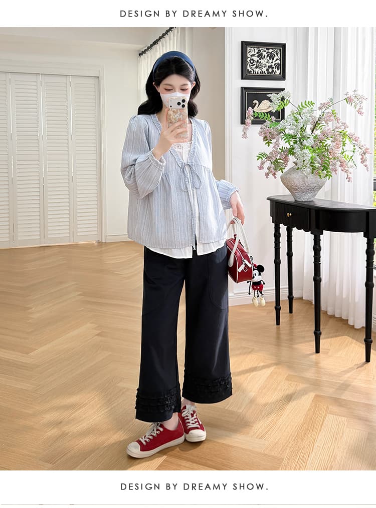 실사 지금 2026 새로운 임산부 세트 페이크 레이어드 한 첨부 된 의류 캐주얼 루즈핏 레이스 임산부 바지 상세 이미지 16