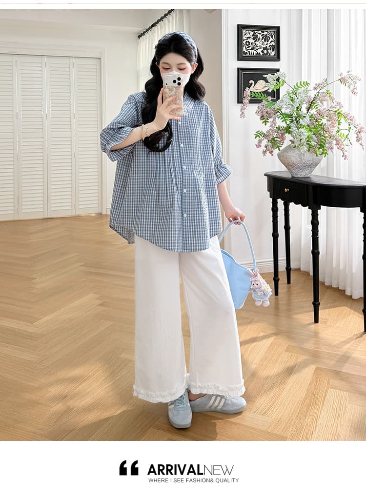 실사 지금 2026 새로운 임산부 세트 체크무늬 캐주얼 루즈핏 슬림해 보이는 셔츠 레이스 레이스 루즈핏 바지 상세 이미지 11
