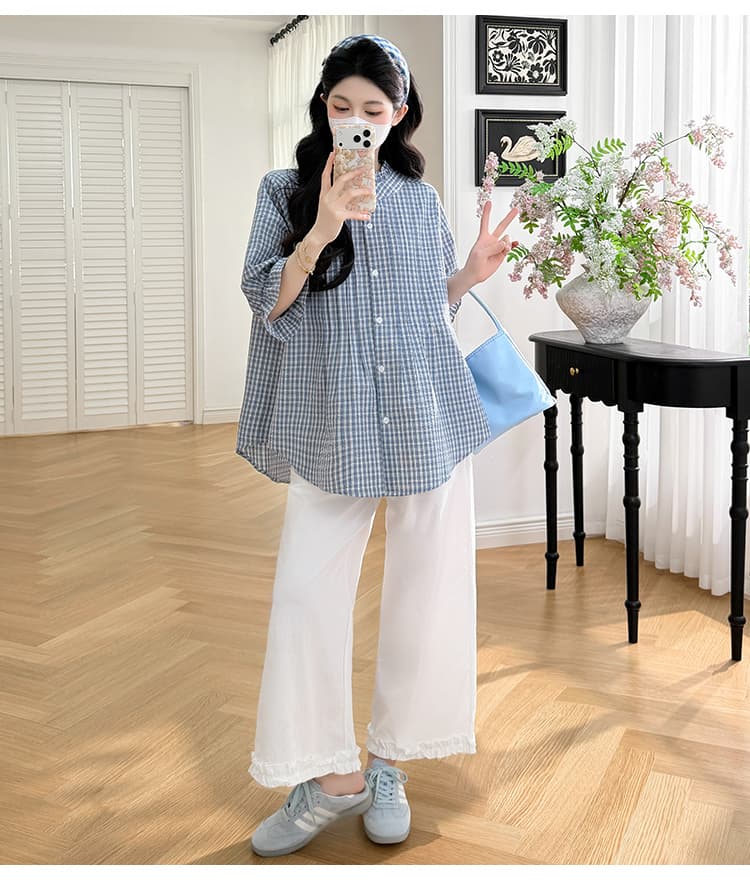 실사 지금 2026 새로운 임산부 세트 체크무늬 캐주얼 루즈핏 슬림해 보이는 셔츠 레이스 레이스 루즈핏 바지 상세 이미지 12