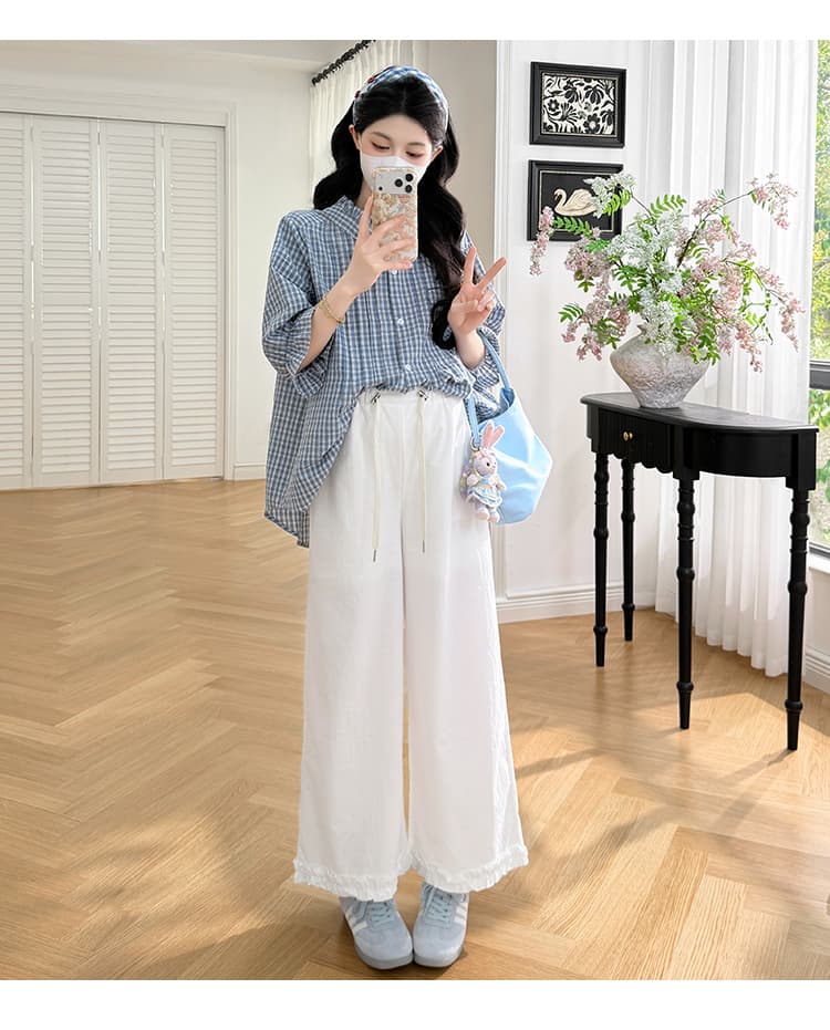 실사 지금 2026 새로운 임산부 세트 체크무늬 캐주얼 루즈핏 슬림해 보이는 셔츠 레이스 레이스 루즈핏 바지 상세 이미지 18