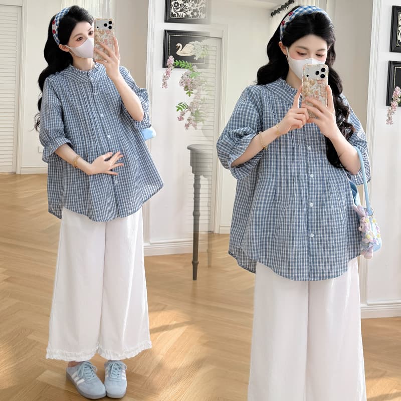 실사 지금 2026 새로운 임산부 세트 체크무늬 캐주얼 루즈핏 슬림해 보이는 셔츠 레이스 레이스 루즈핏 바지 이미지 3