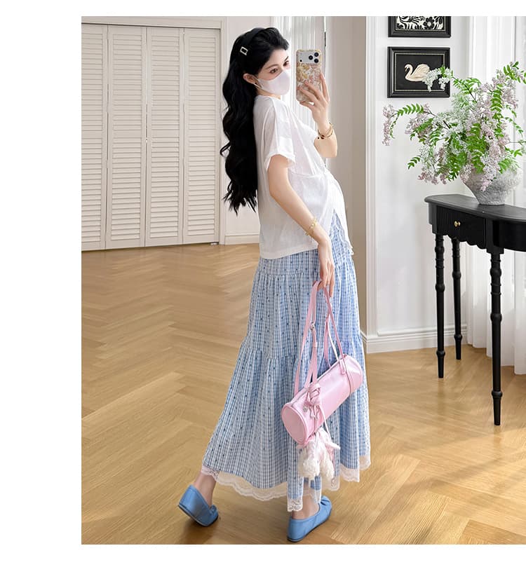 실사 임산부 2026 새로운 세트 순면 트임 레이스 티셔츠 체크무늬 레이스 출산 스커트 상세 이미지 21