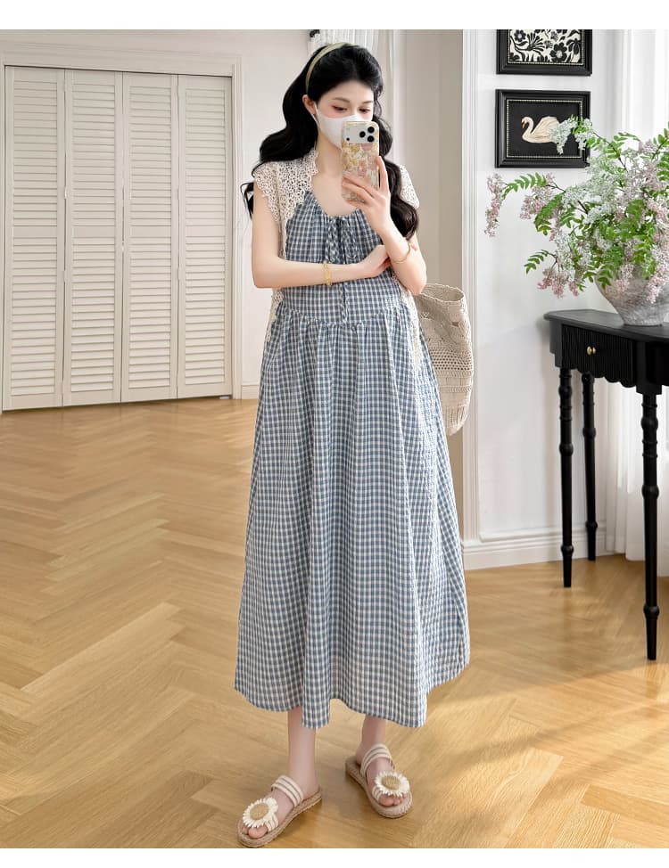 실사 지금 휴가 바람 임산부 체크무늬 드레스 여름 한국 스타일 루즈핏 캐주얼 롱 스커트 레이스 숄 상세 이미지 15