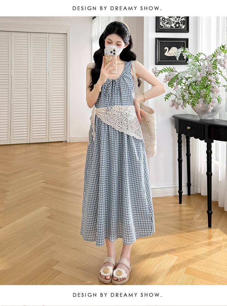실사 지금 휴가 바람 임산부 체크무늬 드레스 여름 한국 스타일 루즈핏 캐주얼 롱 스커트 레이스 숄 상세 이미지 16