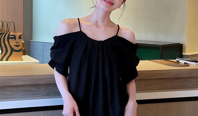 임산부 빅 사이즈 프랑스식 레트로 검정색 오프숄더 반팔 셔츠 여름 새로운 루즈핏 캐주얼 맨위 와이드 레그 팬츠 상세 이미지 25