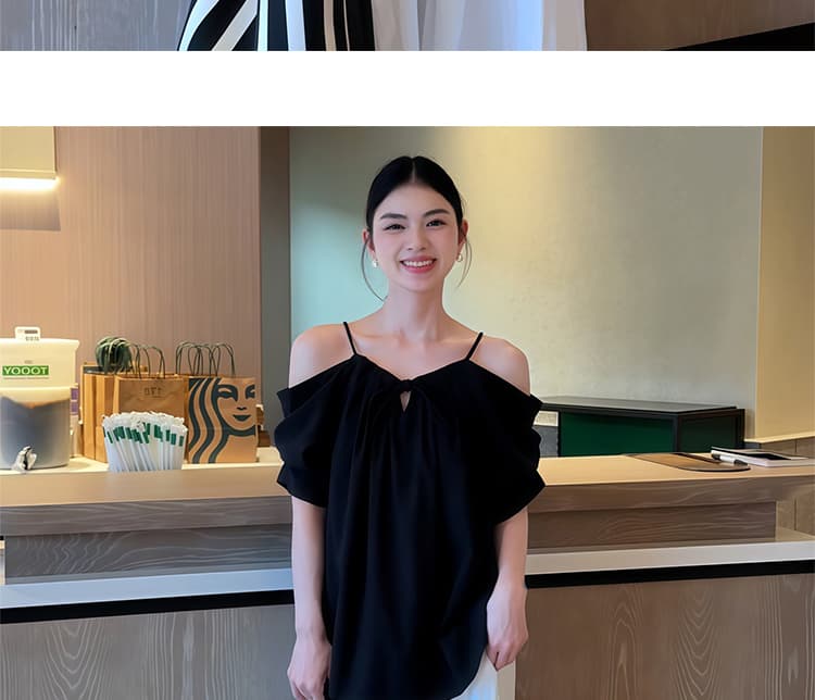 임산부 빅 사이즈 프랑스식 레트로 검정색 오프숄더 반팔 셔츠 여름 새로운 루즈핏 캐주얼 맨위 와이드 레그 팬츠 상세 이미지 40
