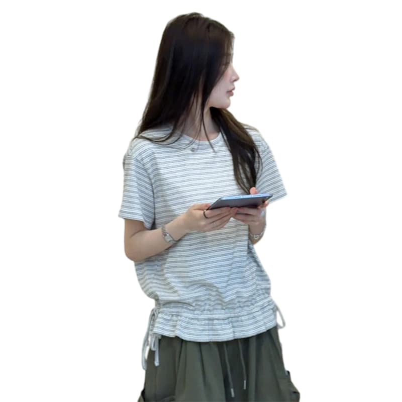 임산부 아메리칸 레트로 스트라이프 배색 반팔 동정 여름 루즈핏 슬림해 보이는 동정 레트로 워크웨어 8 점 바지 이미지 6