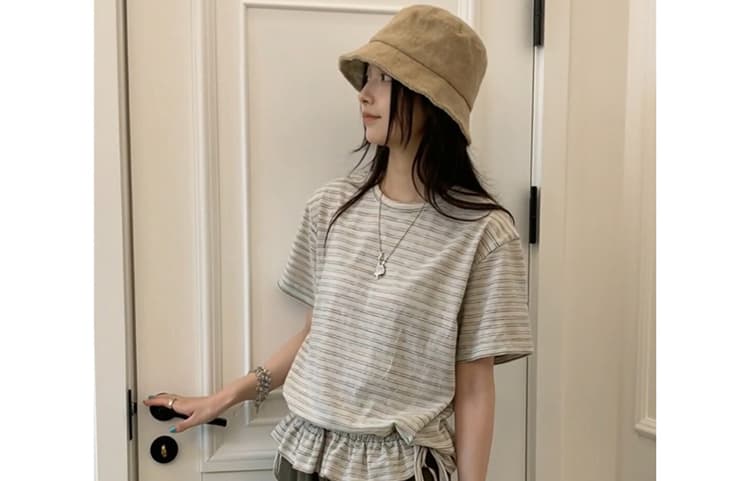 임산부 아메리칸 레트로 스트라이프 배색 반팔 동정 여름 루즈핏 슬림해 보이는 동정 레트로 워크웨어 8 점 바지 상세 이미지 30