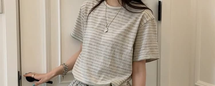 임산부 아메리칸 레트로 스트라이프 배색 반팔 동정 여름 루즈핏 슬림해 보이는 동정 레트로 워크웨어 8 점 바지 상세 이미지 33