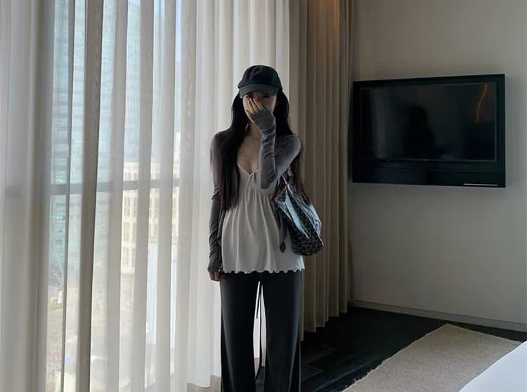 임산부 새로운 2026 가을 일본식 바람 느슨함 블랙 회색 스트라이프 나팔 바지 펌프 로프 레이스업 긴 바지 상세 이미지 44