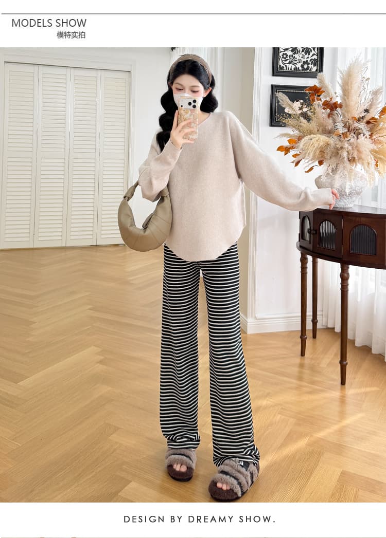 지금 임산부 새로운 2026 가을 겨울 슬림해 보이는 느긋한 스웨터 스트라이프 와이드 레그 팬츠 상세 이미지 11