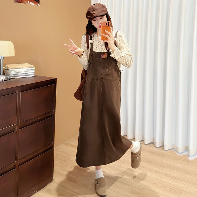 지금 임산부 가을 겨울 새로운 느긋한 바람 레트로 멜빵 스커트 루즈핏 슬림해 보이는 다용도 멜빵 스커트 이미지 6