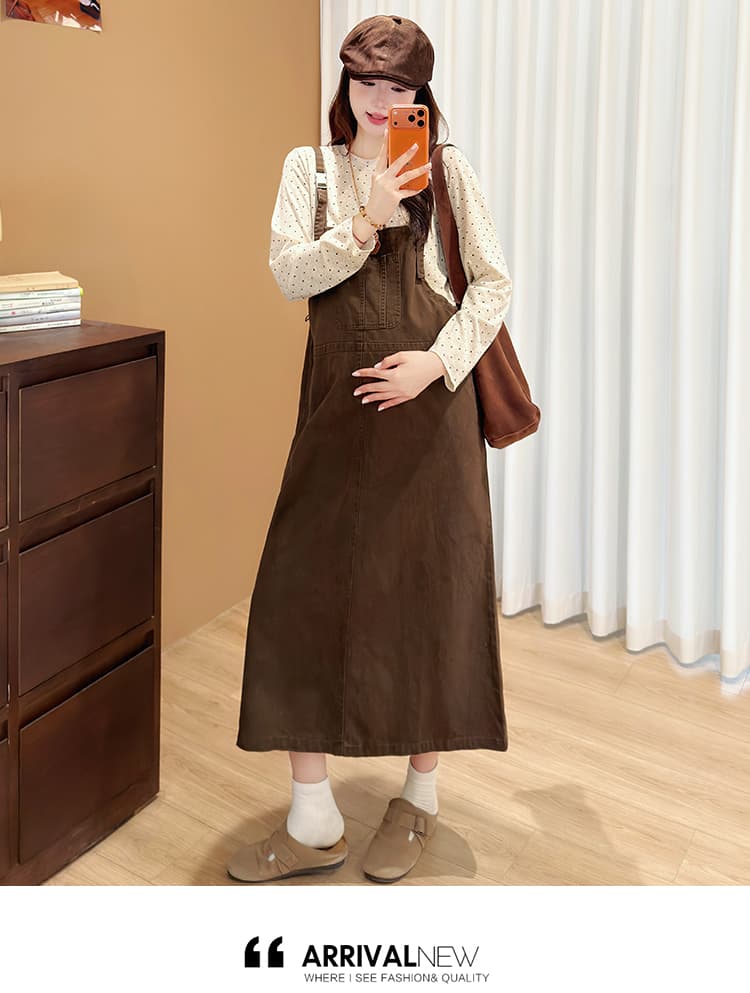 지금 임산부 가을 겨울 새로운 느긋한 바람 레트로 멜빵 스커트 루즈핏 슬림해 보이는 다용도 멜빵 스커트 상세 이미지 18