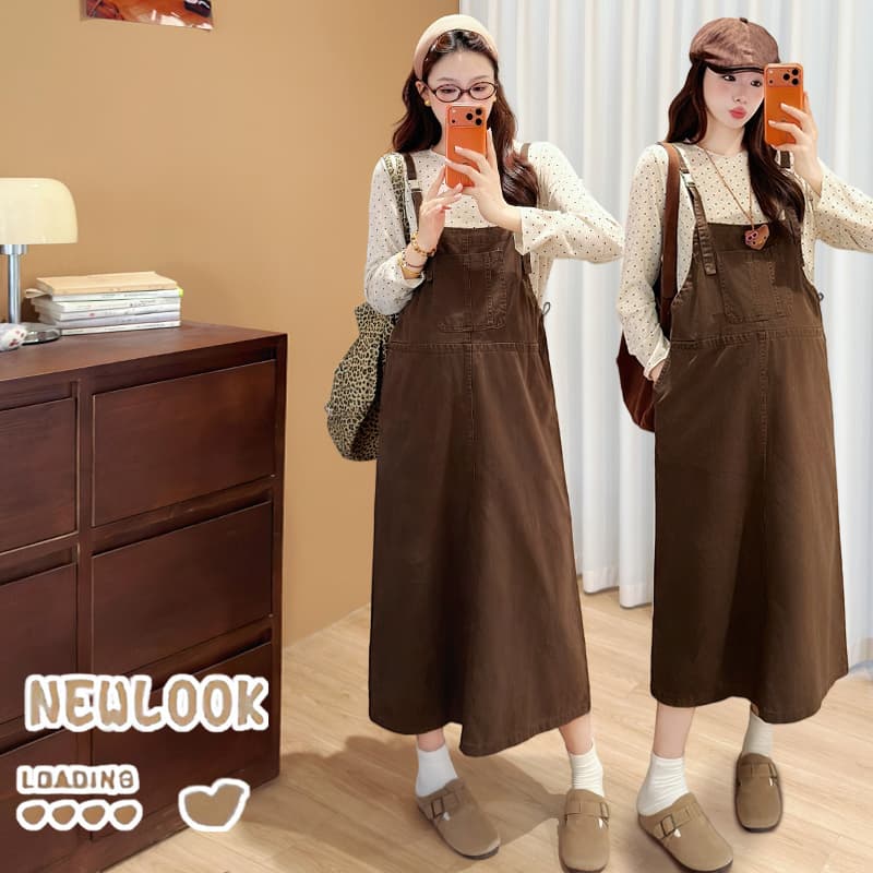 지금 임산부 가을 겨울 새로운 느긋한 바람 레트로 멜빵 스커트 루즈핏 슬림해 보이는 다용도 멜빵 스커트 이미지 3