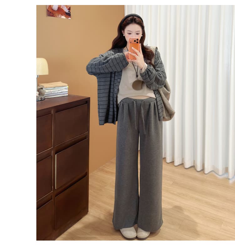 실사 지금 임산부 새로운 2026 가을 캐주얼 오픈 가디건 스트라이프 재킷 동정 와이드 레그 팬츠 상세 이미지 16