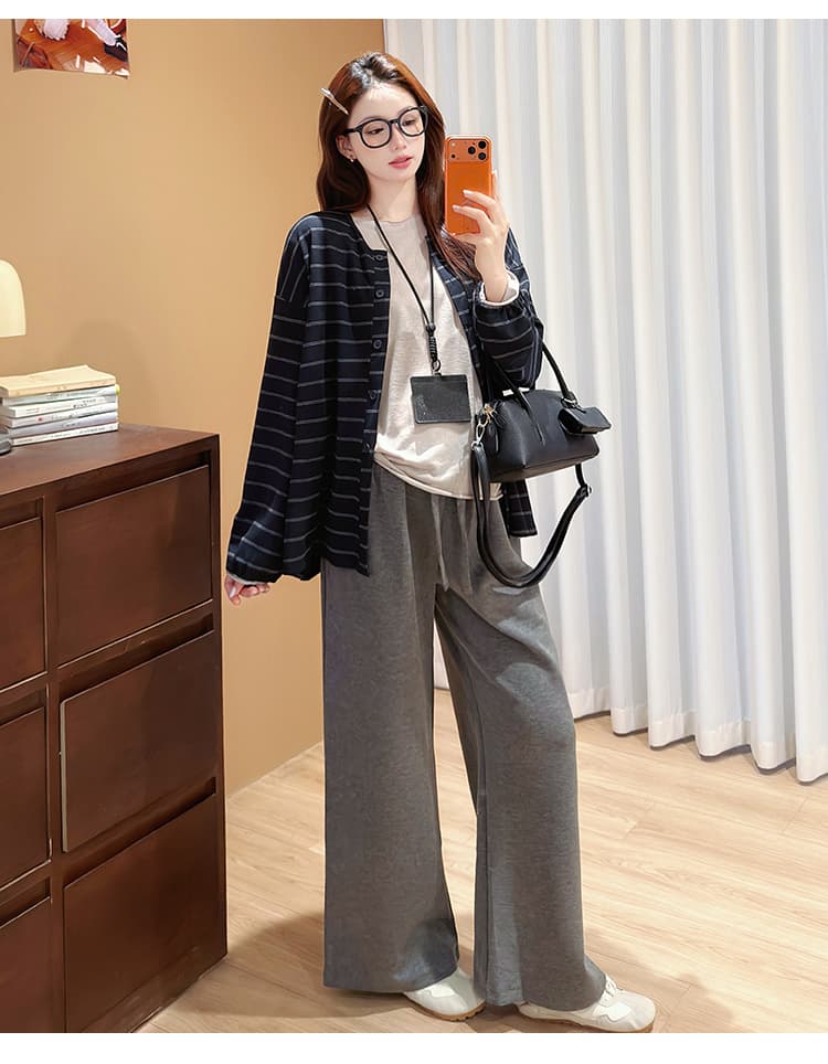 실사 지금 임산부 새로운 2026 가을 캐주얼 오픈 가디건 스트라이프 재킷 동정 와이드 레그 팬츠 상세 이미지 17