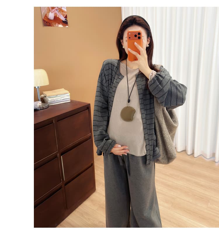 실사 지금 임산부 새로운 2026 가을 캐주얼 오픈 가디건 스트라이프 재킷 동정 와이드 레그 팬츠 상세 이미지 23