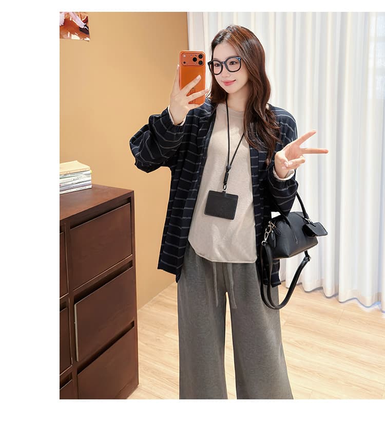 실사 지금 임산부 새로운 2026 가을 캐주얼 오픈 가디건 스트라이프 재킷 동정 와이드 레그 팬츠 상세 이미지 38