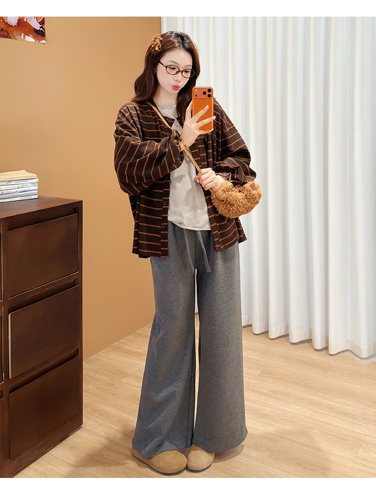 실사 지금 임산부 새로운 2026 가을 캐주얼 오픈 가디건 스트라이프 재킷 동정 와이드 레그 팬츠 상세 이미지 45