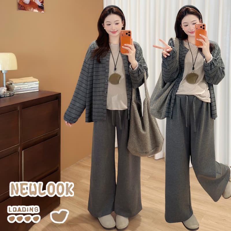 실사 지금 임산부 새로운 2026 가을 캐주얼 오픈 가디건 스트라이프 재킷 동정 와이드 레그 팬츠 이미지 5
