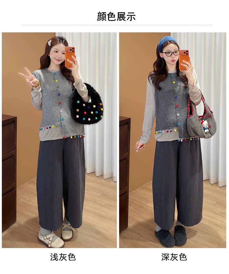 질량 지금 임산부 2026 코디 세트 레트로 스타일 한 부서 캐주얼 스웨터 베스트 동정 모통이 칼 바지 상세 이미지 9