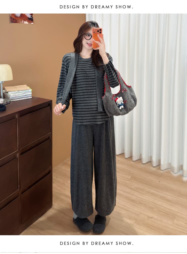 실사 지금 2026 가을 겨울 새로운 출산 착용 캐주얼 느긋한 바람 스트라이프 라운드 넥 숄 3종 세트 상세 이미지 17