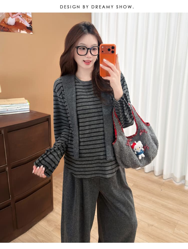 실사 지금 2026 가을 겨울 새로운 출산 착용 캐주얼 느긋한 바람 스트라이프 라운드 넥 숄 3종 세트 상세 이미지 23