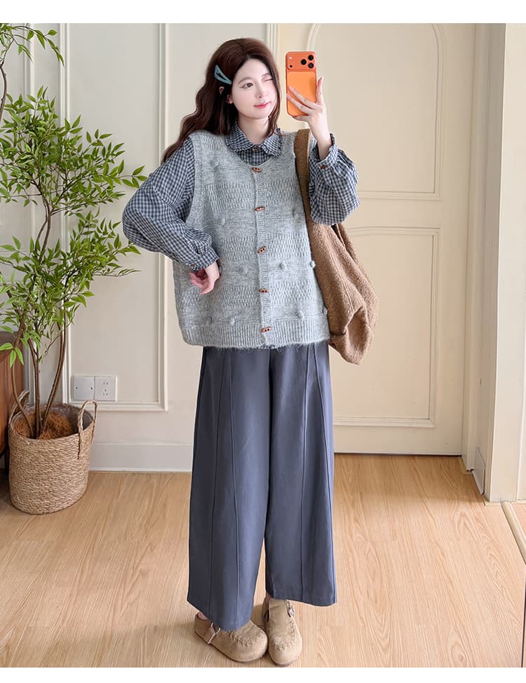 지금 실사 지금 새로운 가을 겨울 한 부서 플리스 니트 베스트 루즈핏 캐주얼 연삭 털 체크무늬 셔츠 캐주얼 바지 상세 이미지 45