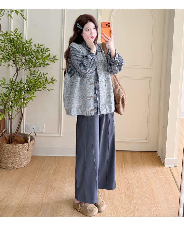 지금 실사 지금 새로운 가을 겨울 한 부서 플리스 니트 베스트 루즈핏 캐주얼 연삭 털 체크무늬 셔츠 캐주얼 바지 상세 이미지 48