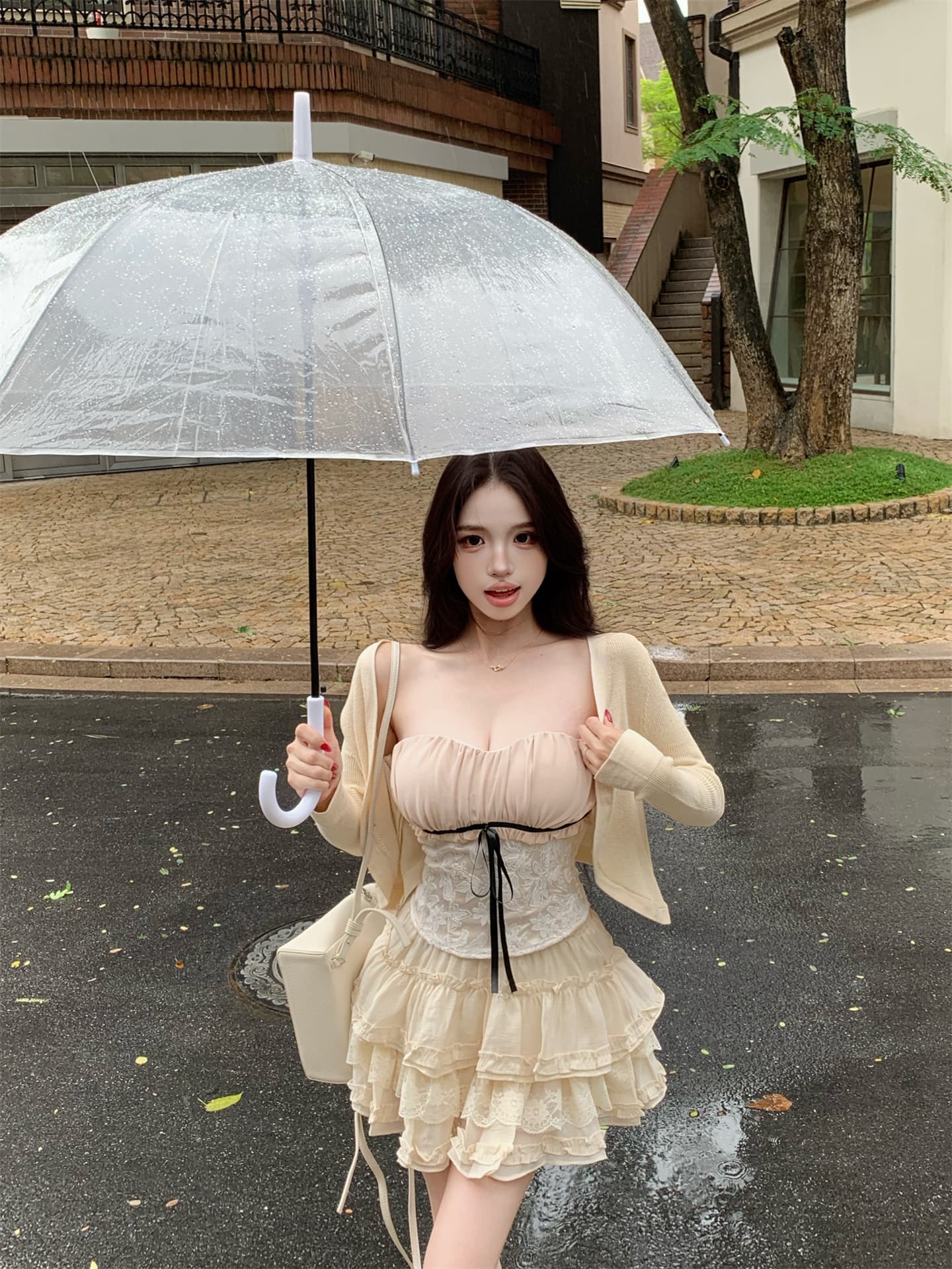 실사 정가 천 골드 센스 레이스 나비 매듭 배색 튜브탑 자르다 어깨 니트 오픈 가디건 하이웨이스트 퍼프 케이크 드레스 상세 이미지 2
