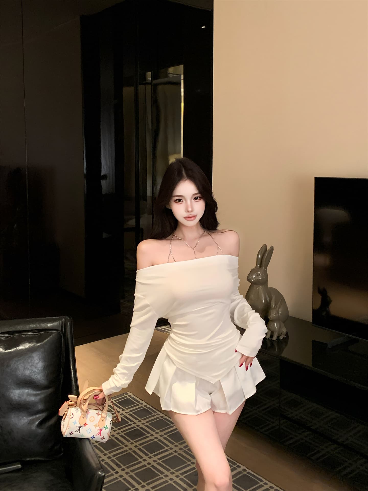 실사 정가 실버 클로 스타일 섹시함 몸 목걸이 오프숄더 긴팔 화이트 레이스 조각 치마바지 상세 이미지 6